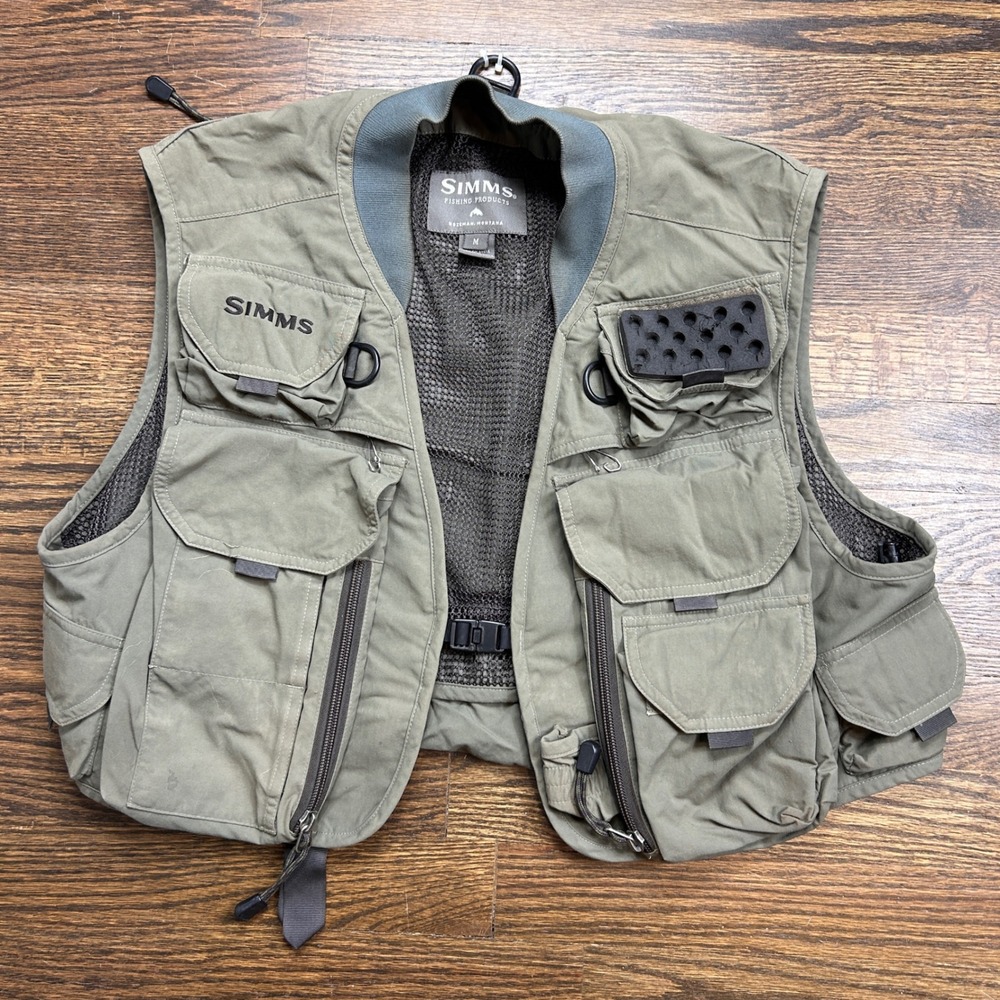 Simms Guide Fishing Vest Mens Medium Olive Green Mesh Back Fly Fishing Utility